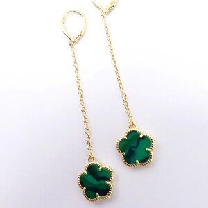 Dainty Lightweight Gold and Green Malachite Clover Flower Long Earrings